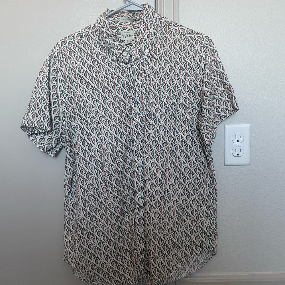 J. Crew White Short-Sleeve Button-Down with Green and Pink Geometric Print